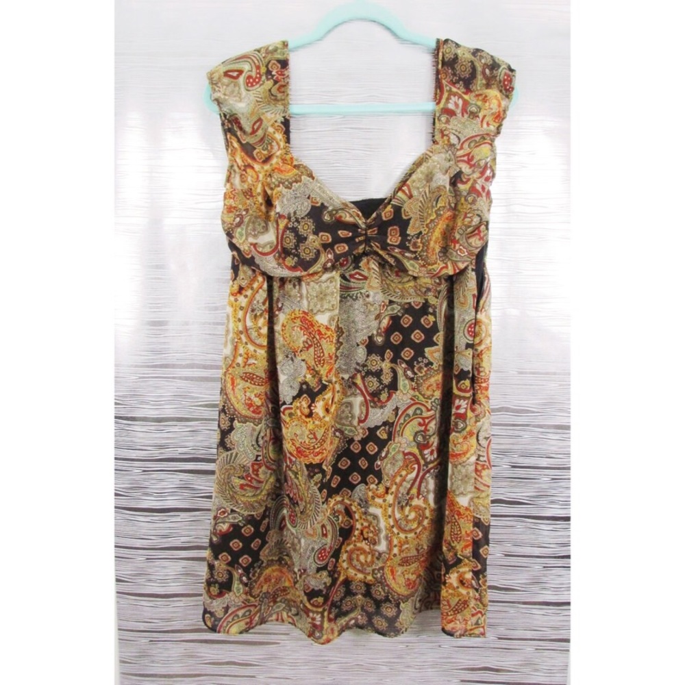 EUC—gold, green, Black, red paisley pattern dress